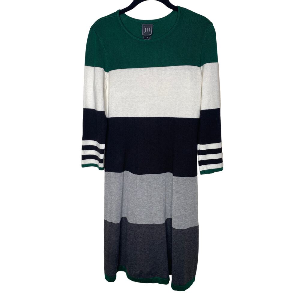 JH Striped Sweater Dress Women’s Size Medium – Green, Black, White, Gray